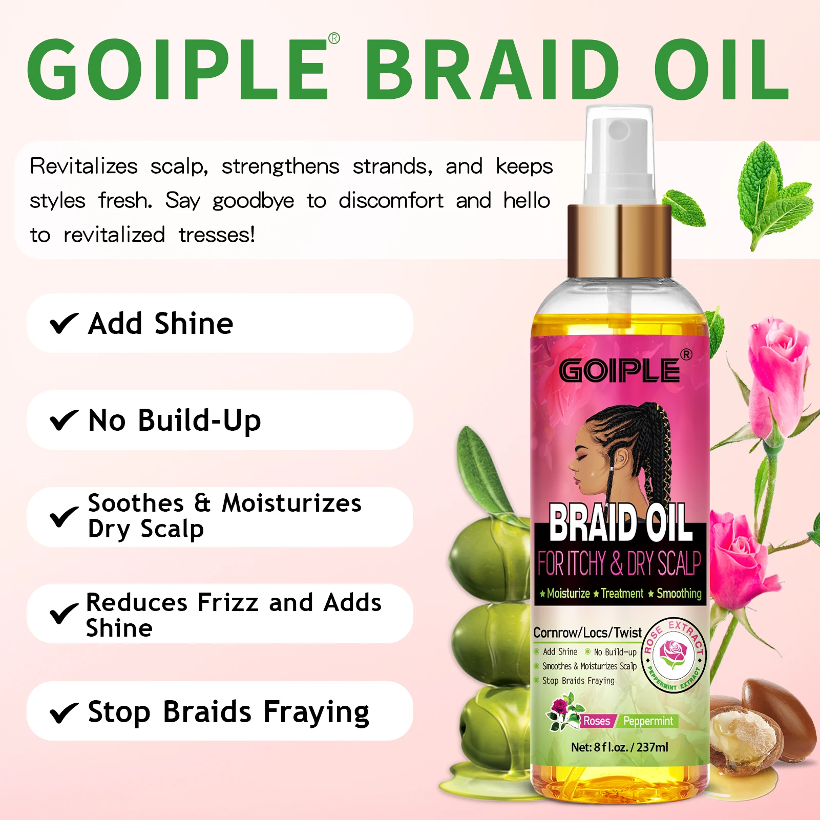 GOIPLE Natural Rose Extract Braid Oil For Itchy Dry Scalp Cornrow Locs Twist Add Shine Smoothes Moisturizes Hair Care Oil view 3