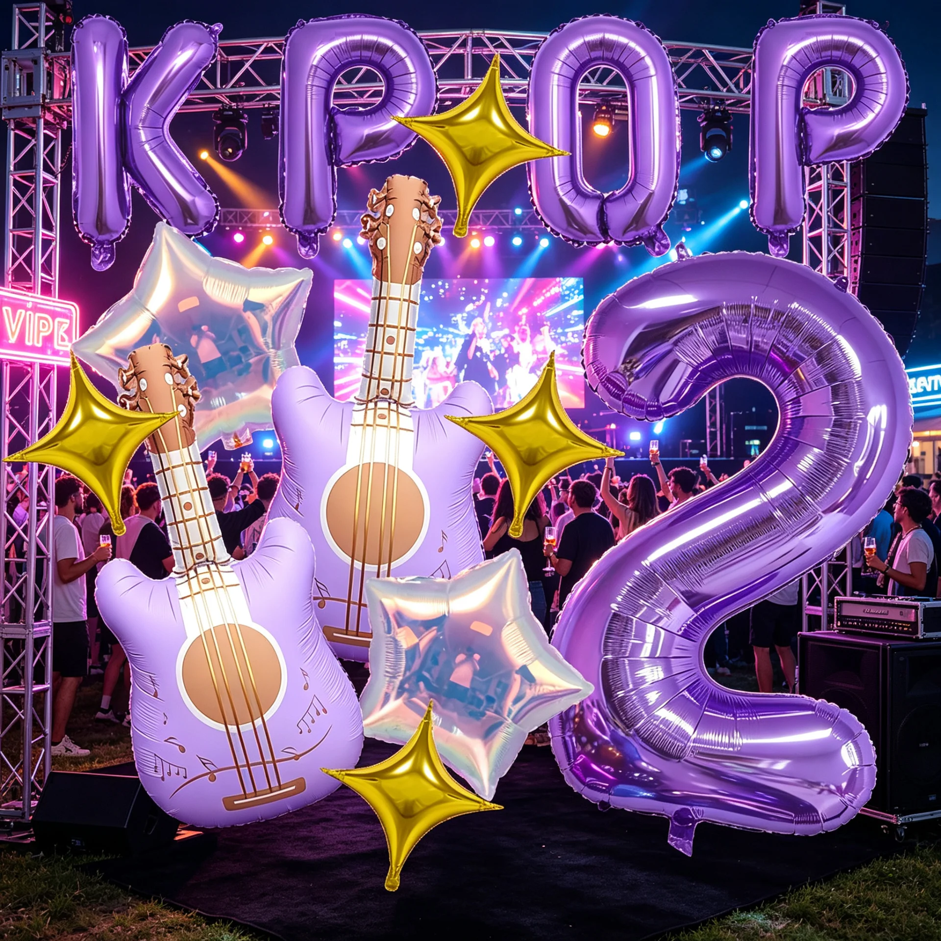 Lila Gitarren-Ballon-Set K-Pop Musik Geburtstagsparty Dekoration Ballons-Set Goldene Vierzackige Sterne, 32-Zoll Lila Nummer