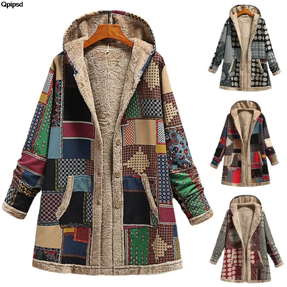 

Winter Vrouwen Hooded Jacket Met Pocket Kasjmier Dikke Splicing Plus Size Retro Lange Mouwen Losse Katoen Linnen Gedrukt Jacket