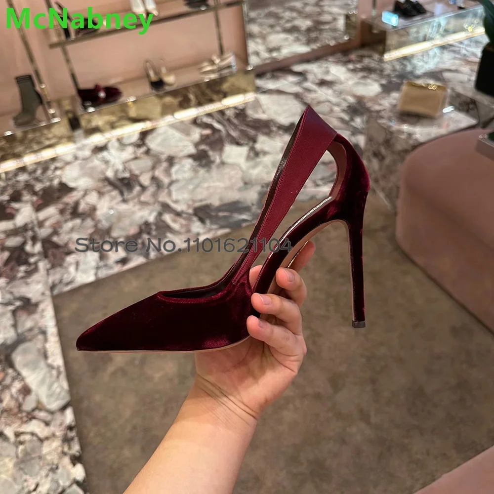 Wine Red Suede Fabric Pumps For Female Women 2024 Pointed Toe Slip-on Thin High Heel Elegant Luxury Simple Design Elegant Shoes