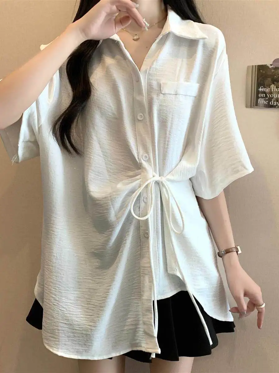 

plus Size Women's Shirt Waist-Cinching Short Sleeve Summer Loose Top Belly Covering Meat Concealing Korean Style Casual Wear