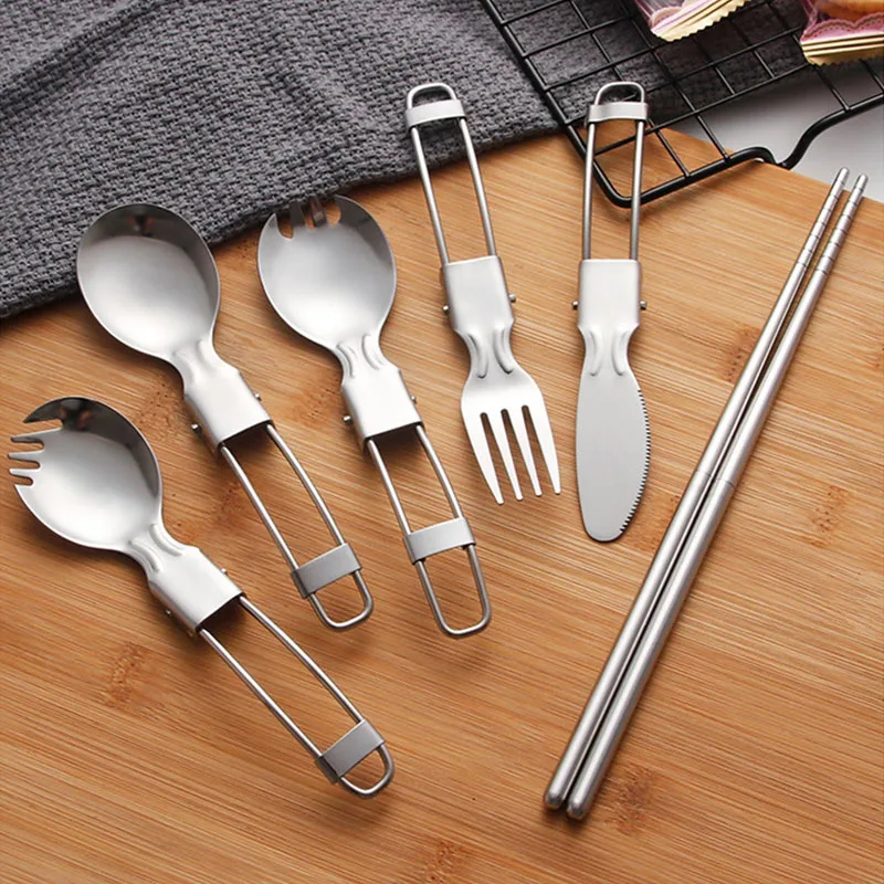 304 Stainless Steel Portable Folding Fast Food Salad Spoon Fork Chopstick Reusable Camping Outdoor Travel Dinner