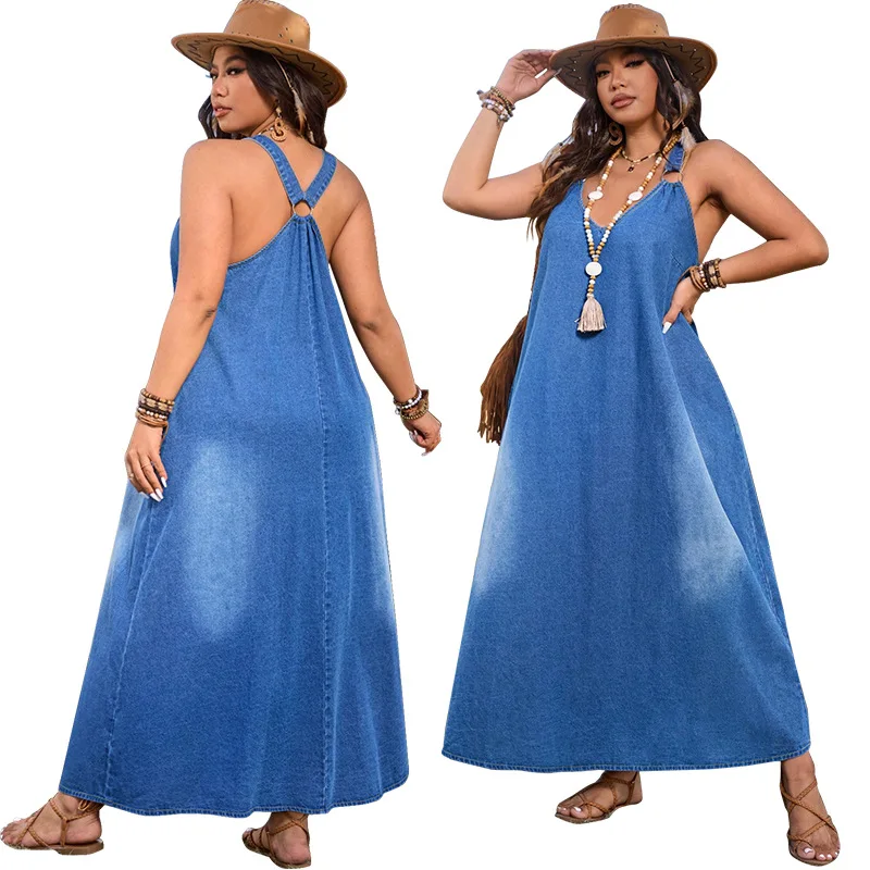 Plus size vrouw denim jurk 2025, zomer hete verkoop v-hals mouwloze casual jurken gewassen sexy dagelijkse kleding