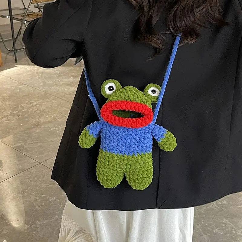 

JIAERDI Cute Cartoon Whimsical Bag Women Color Block Frog Cotton Knit Shoulder Bags Ladies Unique Creative Crossbody Bag Purse