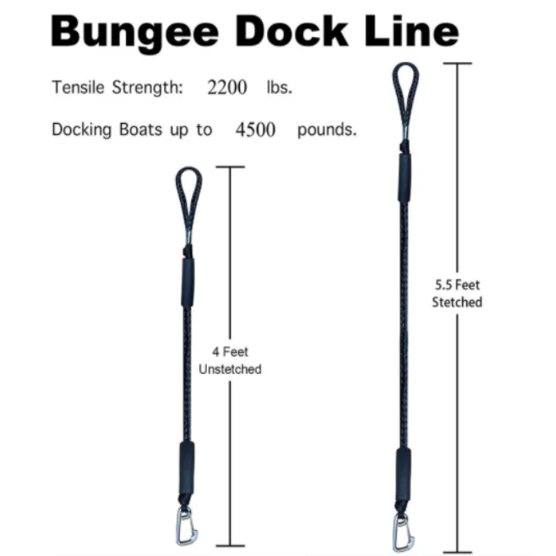 ISURE MARINE 4Ft Black Boat Rope Bungee Rope Pier Rope Boat Elastic Rope Kayak Mooring Rope Accessories