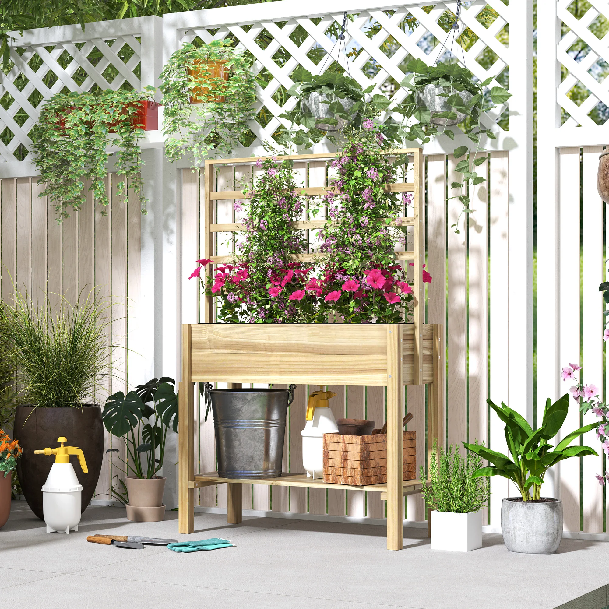Raised Garden Bed, Wood Elevated Planter Box with Lockable Wheels, Side Tables, Bottom Shelf, Bed Liner and Drainage Holes, Gray