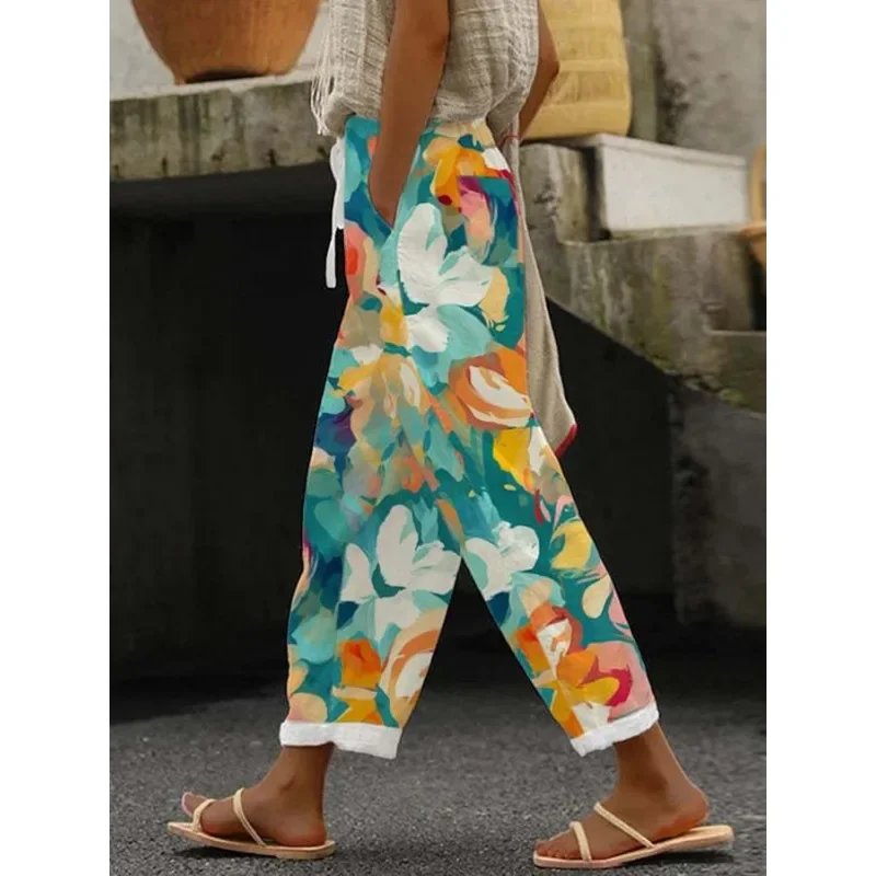 Women's Pansy Floral Pattern Print Wide Leg Pants Cool Summer Button Casual Trousers Botanical Floral Print Stylish Retro Slacks