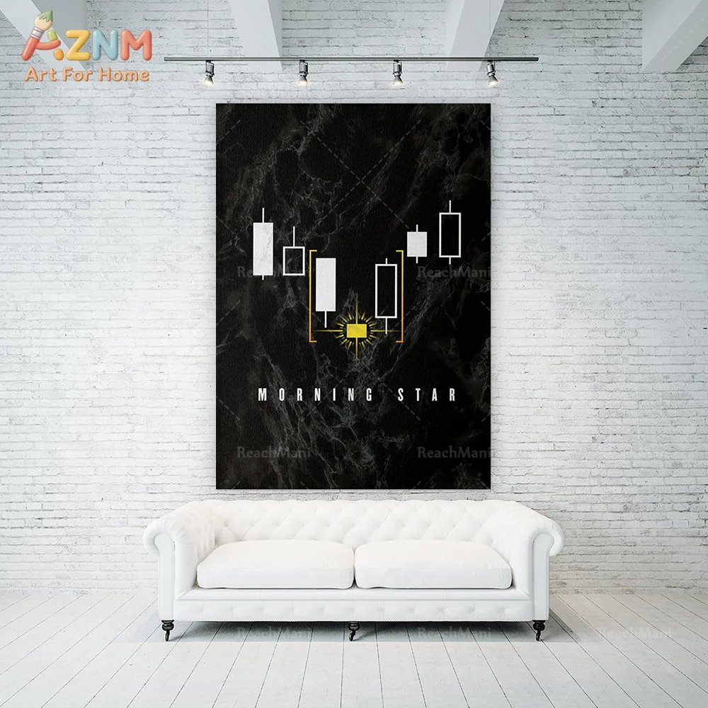 AZNM Morning Star Candlestick Canvas Wall Art Black Marble Background Stock Forex Trading Chart Print Unframed Canvas Trader Off