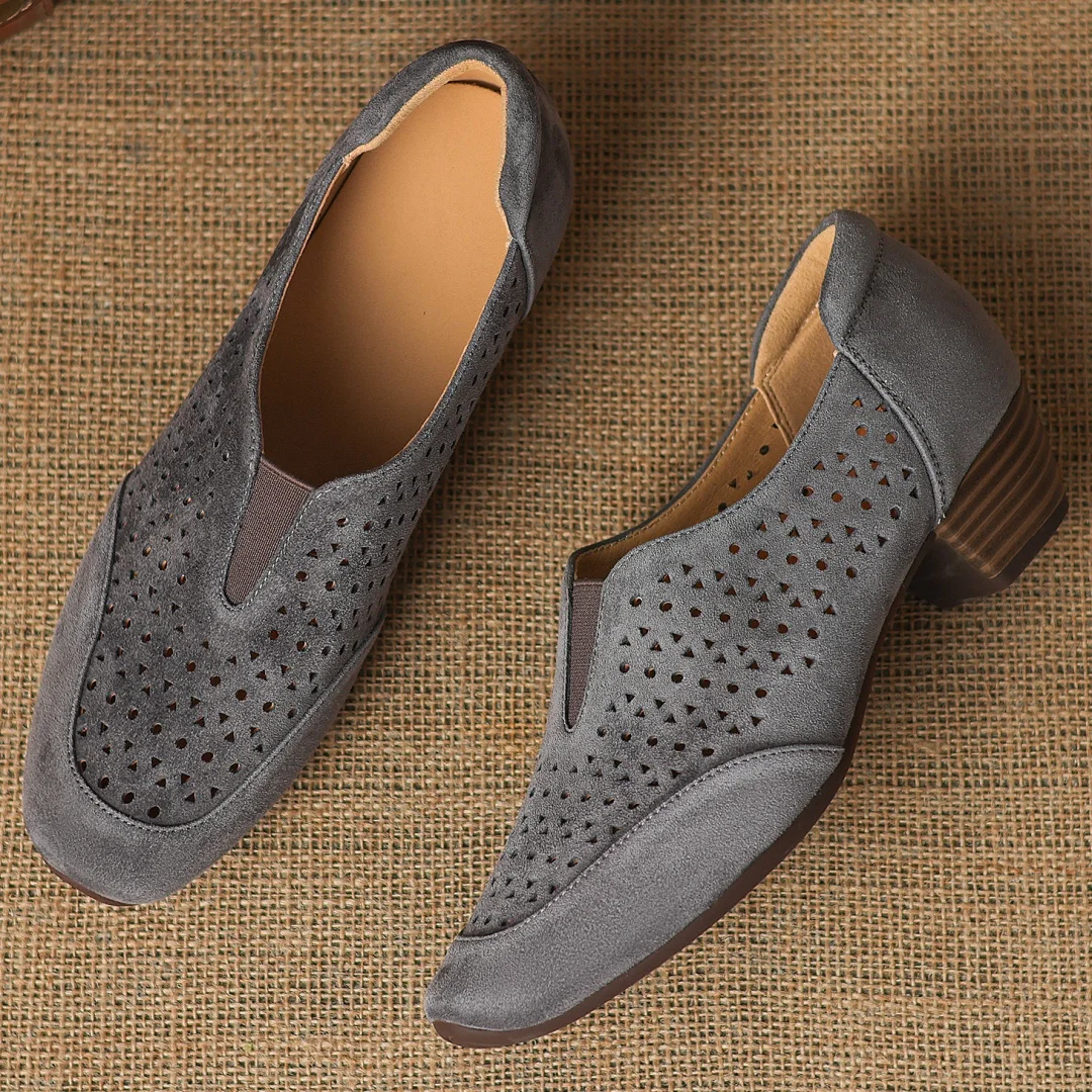 danxuefei women's natural suede leather hollow-out square toe slip-on pumps 4cm thick med heel elegant ladies summer dress shoes
