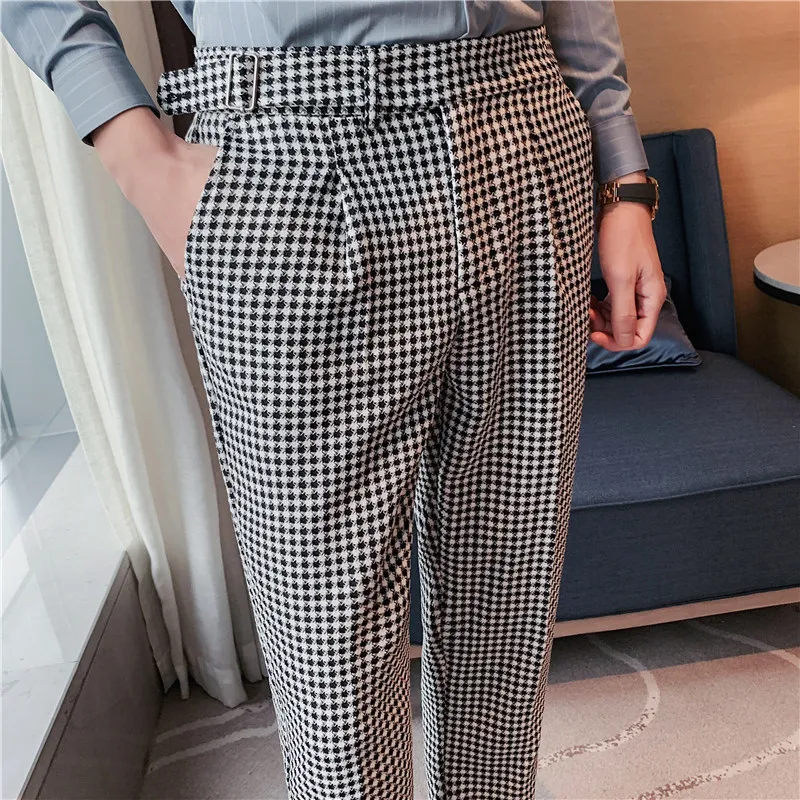 High Quality Plaid Suit Pants for Men 2023 Autumn Belt Decoration Casual Business Dress Pants Slim Fit Office Social Trousers