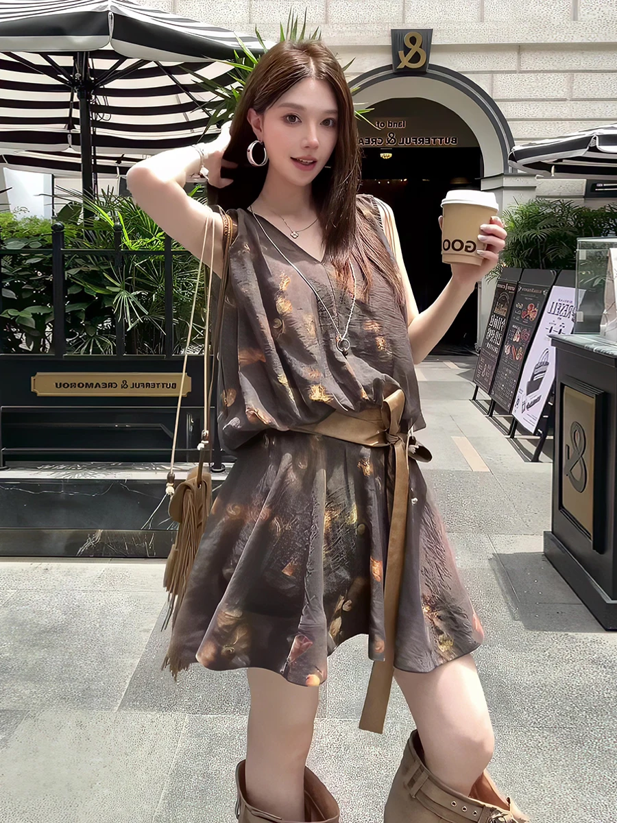 

Summer Vacation Style V-Neck Sleeveless Vest Dress Women's Retro Print Loose Slimming A-Line Dress Korean Style Casual Wear