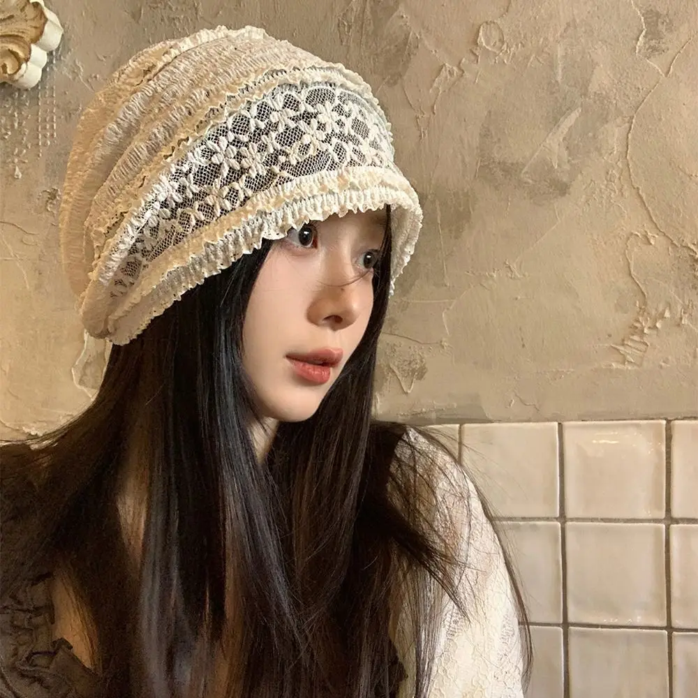 لطيف الجوف خارج المطرزة الدانتيل قبعة تنفس حار فتاة قبعة صغيرة Y2k رقيقة زهرة قبعة الملابس والاكسسوارات