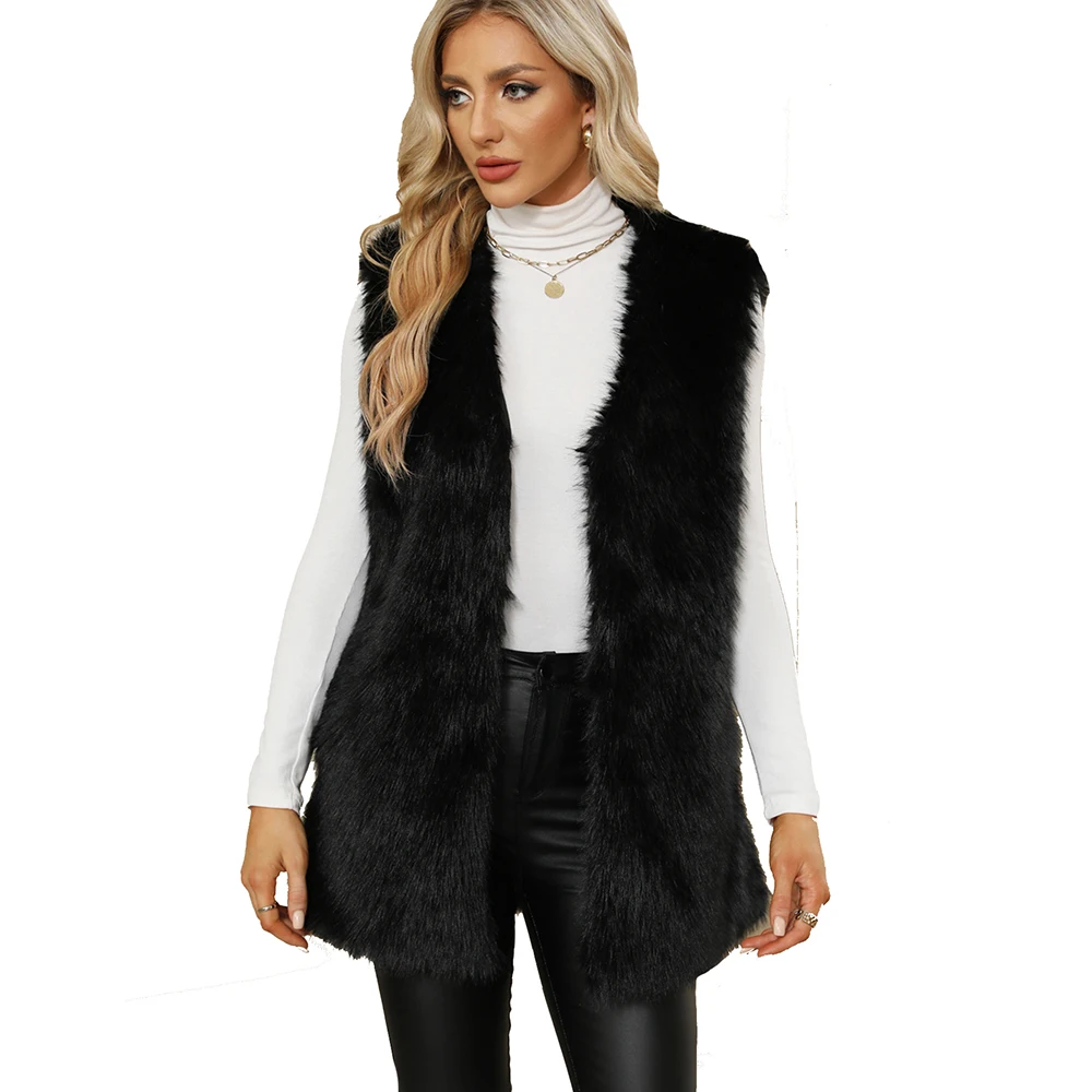 Women Faux Fox Fur Vest Autumn Winter Ladies Sleeveless Long Fur Coat Female Fur Vest Waistcoat Black Rose Blue Fur Vest Jacket