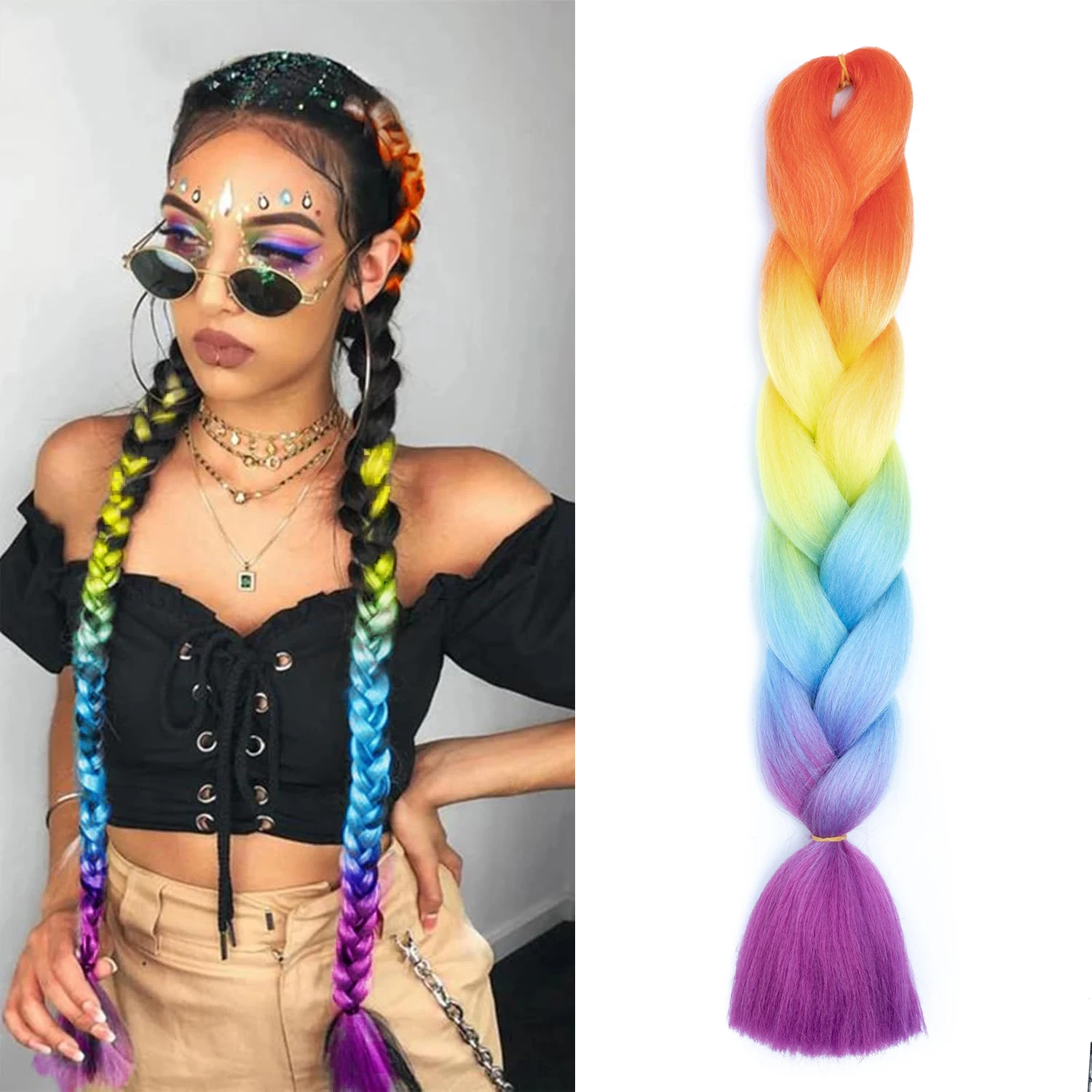 24inch Colorful Braiding Hair Extensions Rainbow Ombre Braiding Hair Synthetic Fiber Hair Twist Crochet Braids for Cosplay Party