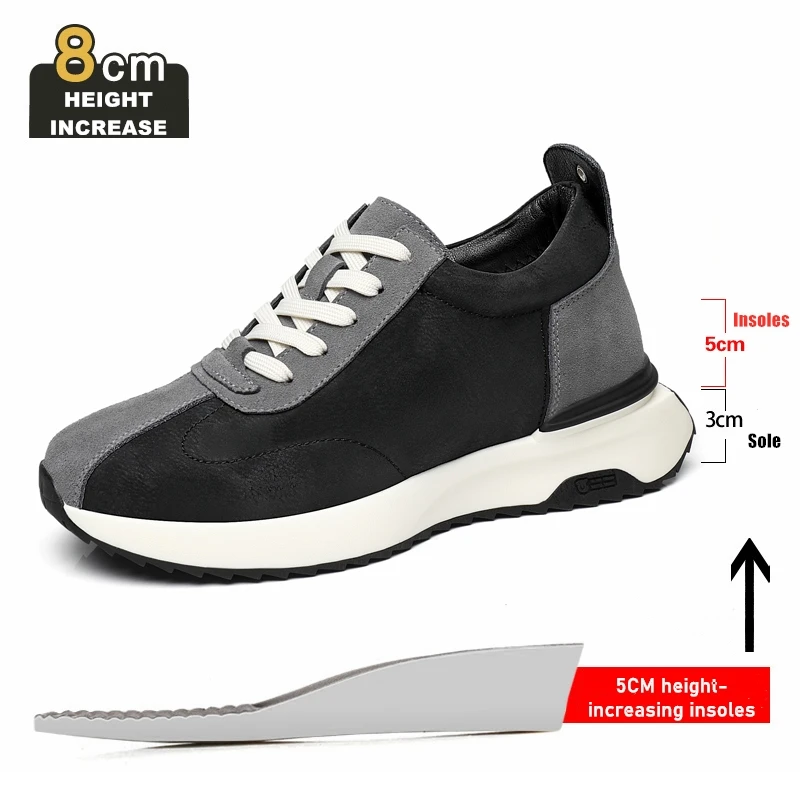 

Men Invisible Elevator Shoes 6cm/8cm Cow Leather Breathable Height Increase Vintage Dad Shoes Sporty Casual Youth Board Sneakers