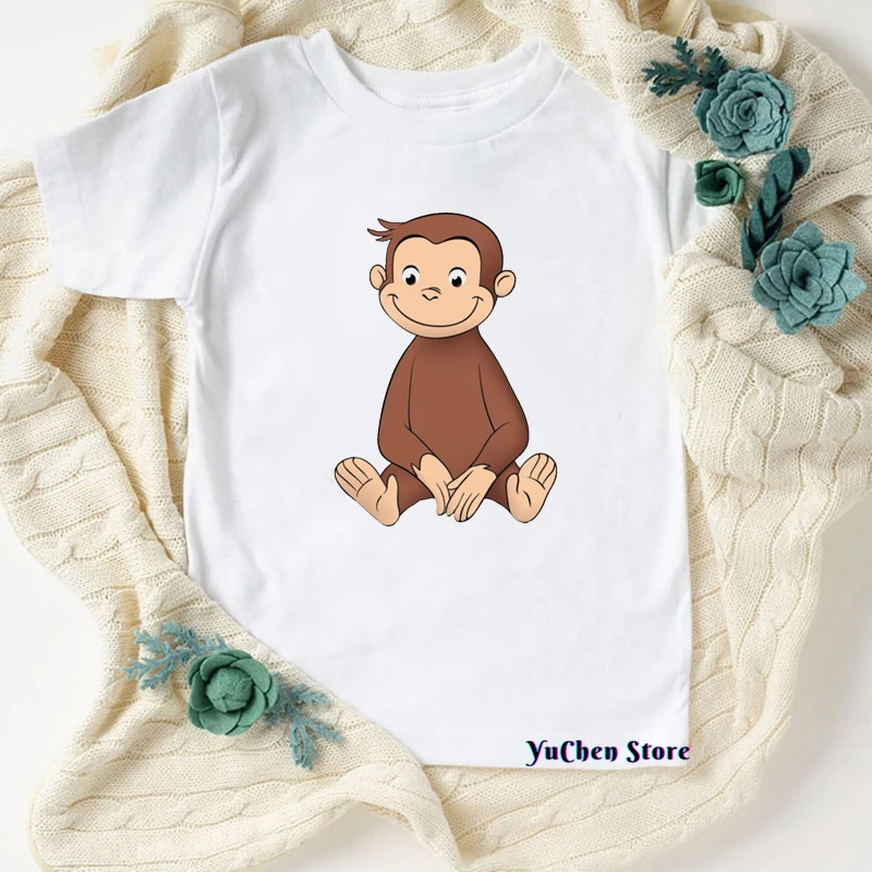 Newly Boys T-shirts Cartoon Print Under Yellow clothes Hat Monkey Kids Shirt Cute Girls T-shirts Birthday summer Tops clothing