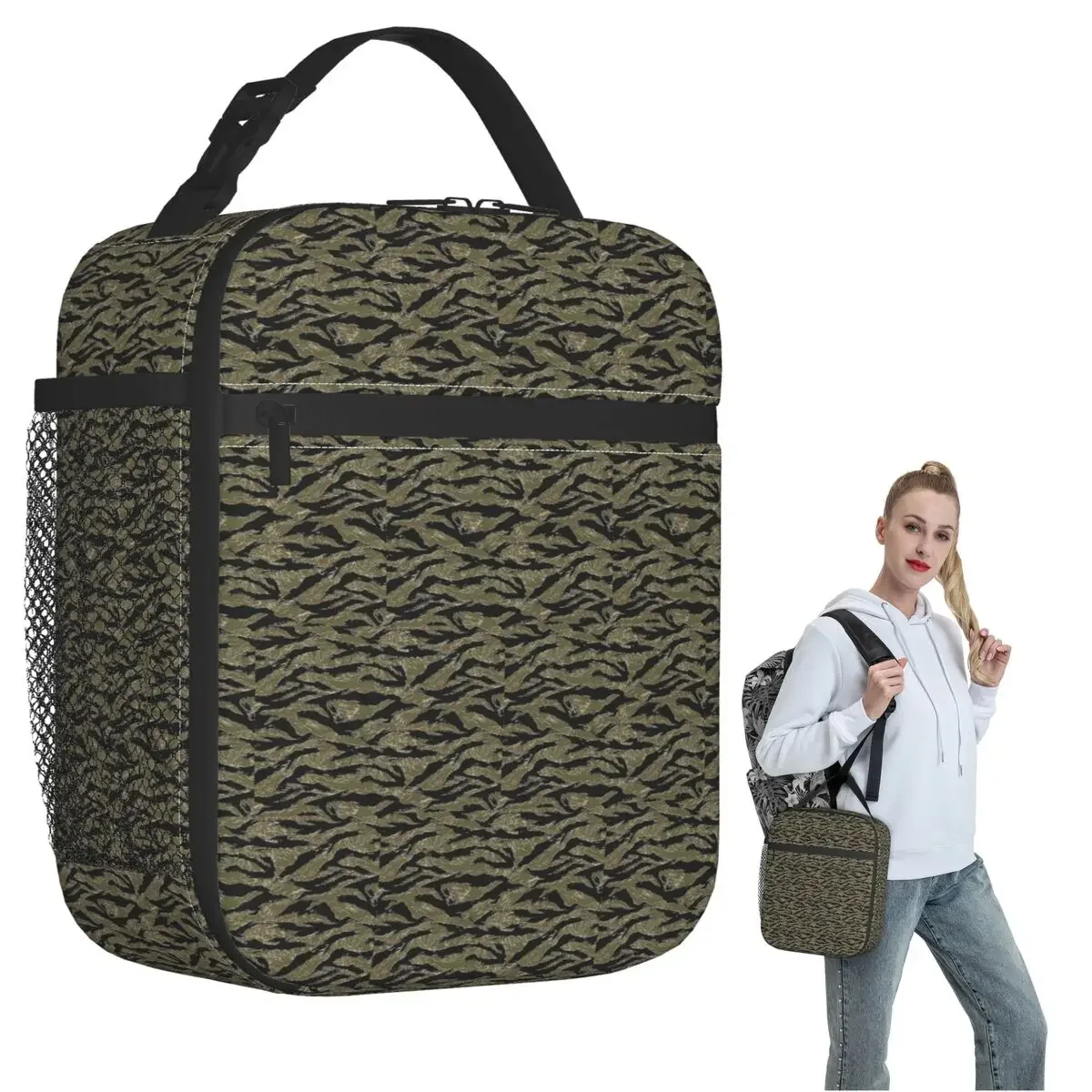 US Army Camouflage Tiger Stripe Insulated Lunch Bag for Women Children Leakproof Food Boxes Thermal Lunch Box Tote