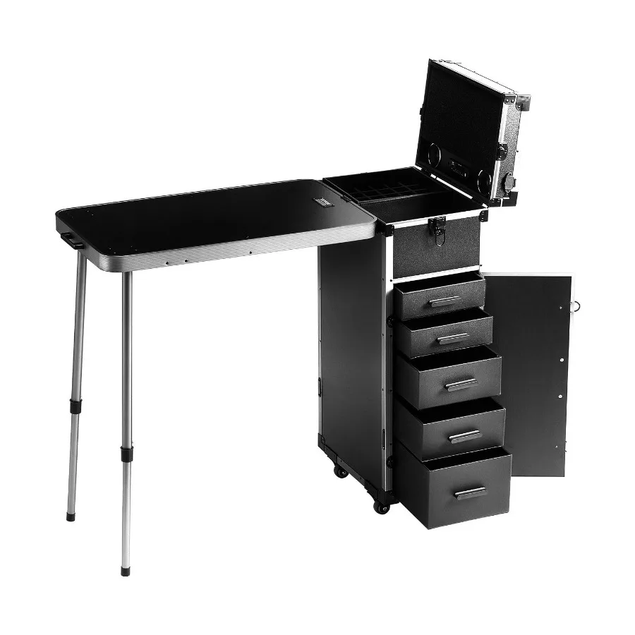 VEVOR Professional Makeup Train Case Aluminum Cosmetic Case Workbench With Supporting Legs Rolling Makeup Case Extra Large Trol