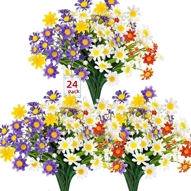 24PCS Artificial Outdoor UV Resistant Flowers Faux Plastic Greenery Shrub Plant Outside Hanging Garden Home Porch Decor