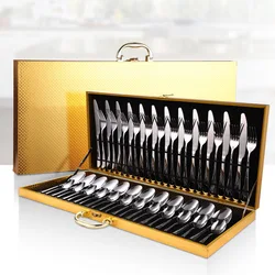 Light luxury stainless steel knife, fork and spoon 48 pieces gift golden wooden box set hotel Western-style tableware