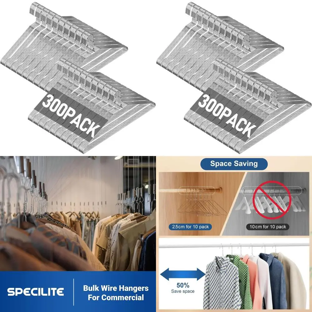 

300-Pack Non-Slip Ultra Thin 16 Inch Wire Hangers for Suits, Coats, Shirts, Pants, Skirts - Silver