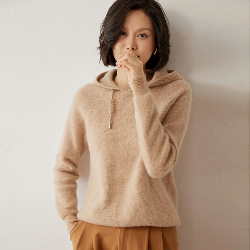 

Chic Gentle Pullovers Comfort Hooded 12GG Sweater 100% Cashmere Knitted Women's Simple Soft Warm Thick Long Sleeve Winter Tops