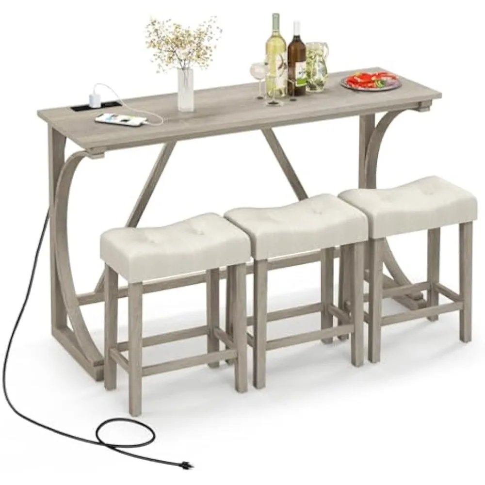 

4-Piece Farmhouse Bar Table Set with Power Outlet, Counter Height Dining Table Set w/ 3 Upholstered Stools, Wood Console