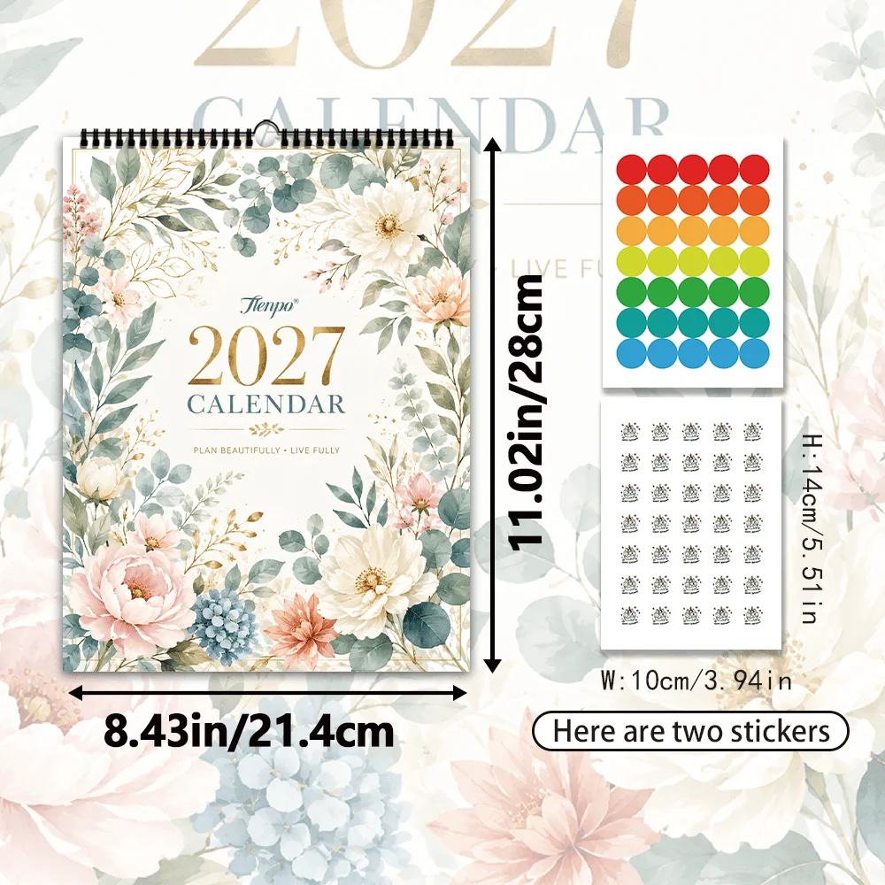 1pc 2027 Elegant Peony Floral Wall Calendar,12‑Month Planner,Gift For ,Christmas,Halloween,New Year,Free Stickers Included
