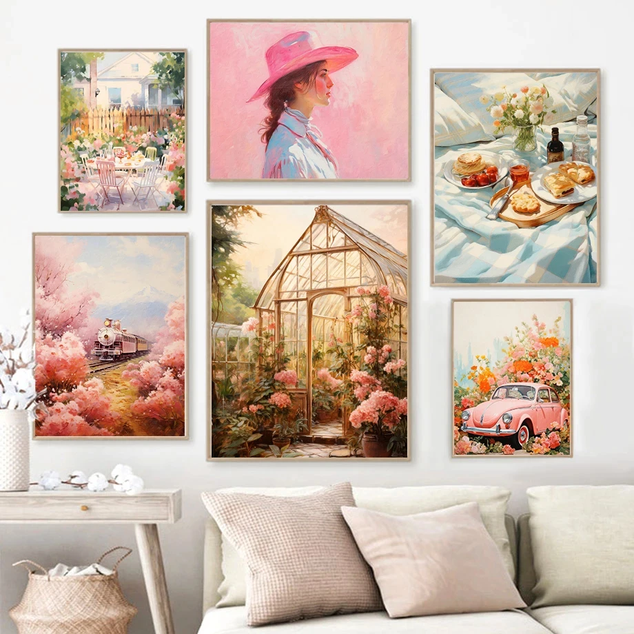 Sleeping Beauty Ferris Wheel Pink Train Pastoral Impressionist Style Fashion Wall Art Canvas Painting Nordic Poster Room Decor