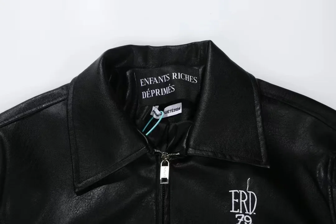 Black White Zipper ERD ENFANTS RICHES DEPRIMES Leather Jacket Men Women Heavy Industry Embroidery Pattern Jacket with Dust Bag