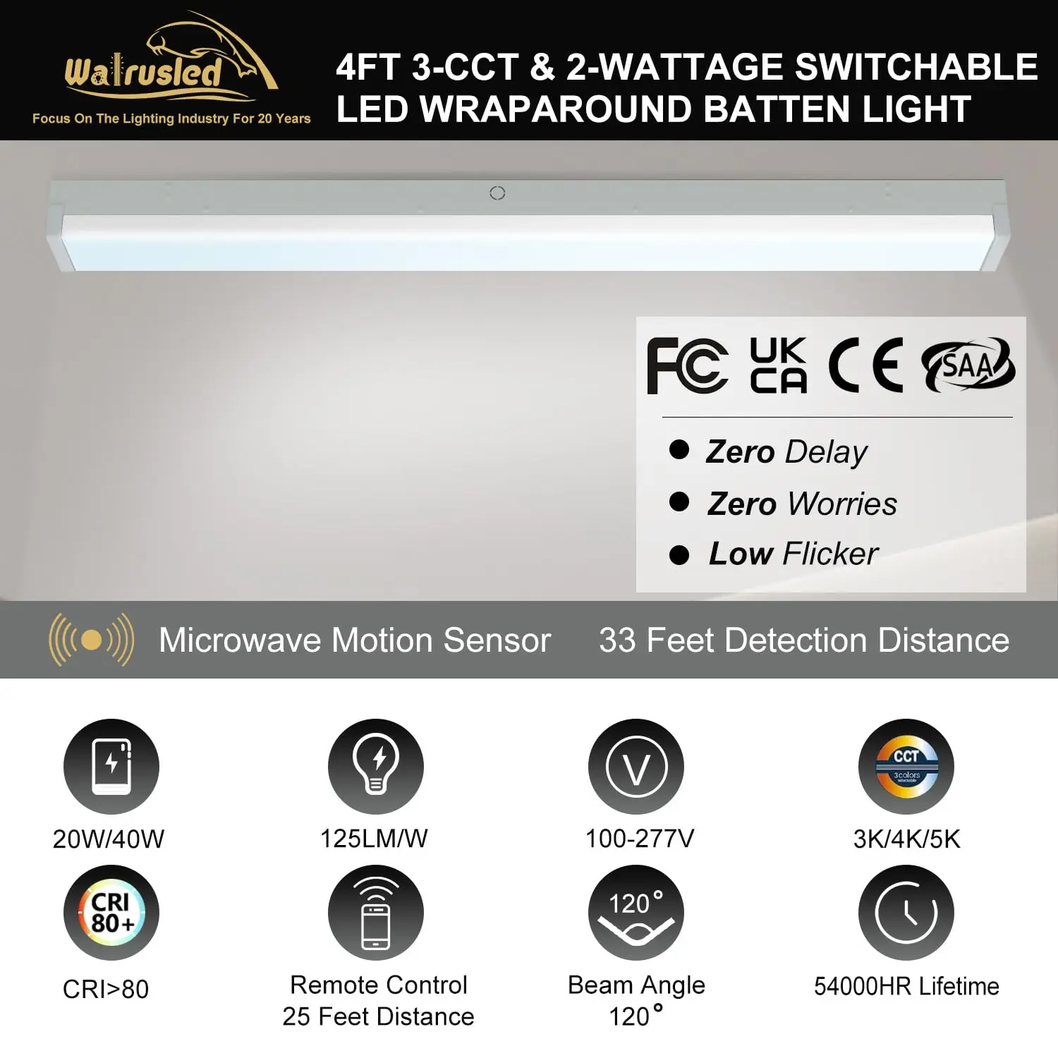 4 Foot Tri-Level Motion Sensor LED Wraparound Stairwell Light w/Remote 40W 5000lm 3/4/5000K, Dimmable LED Wrap Shop Light FCC