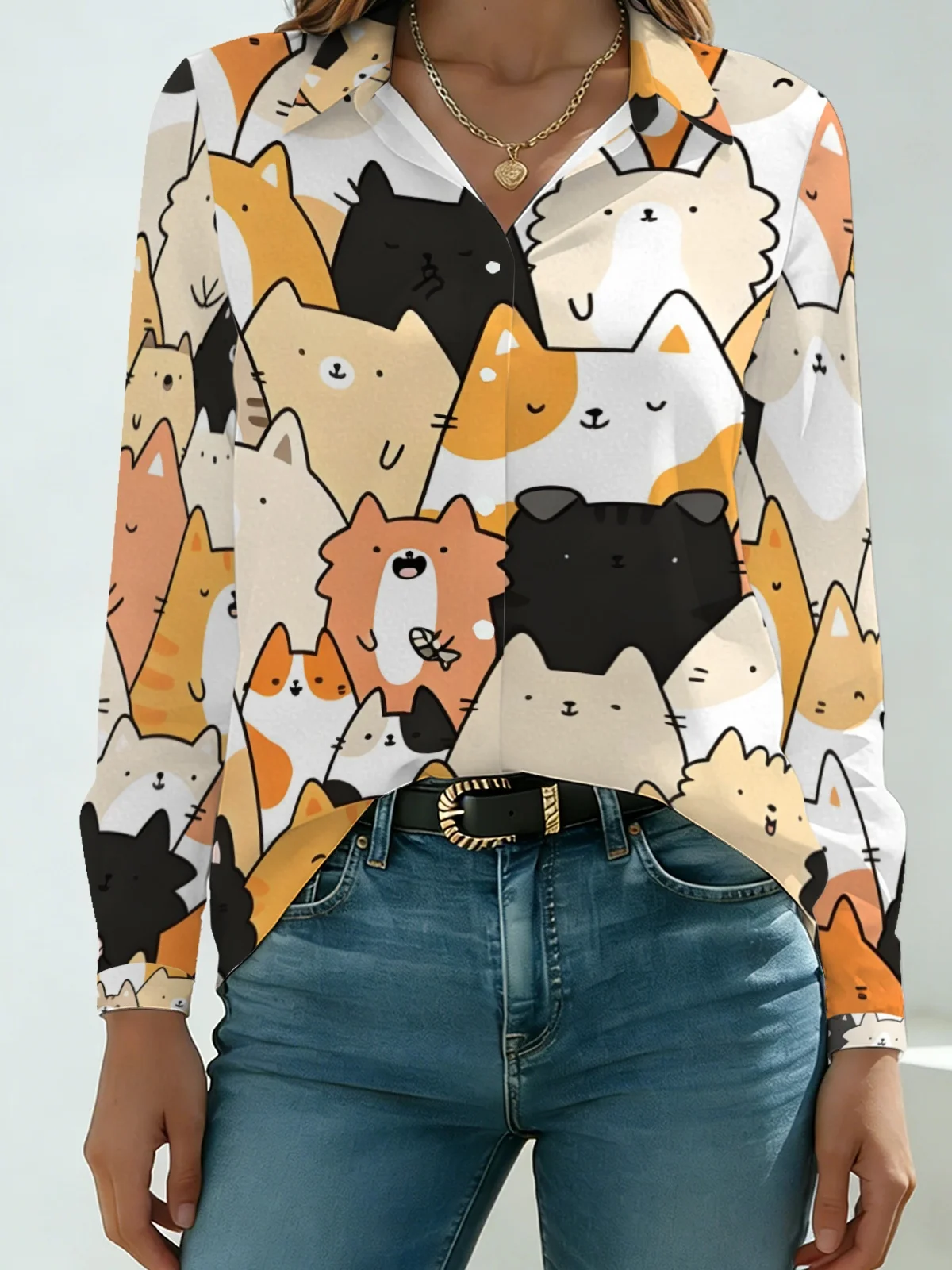 Minimal Warm Tone Kitty Stack Womens Collared Shirt Off-white Base Mixed Orange Black Cartoon Cat Allover Print Long Sleeve Stre