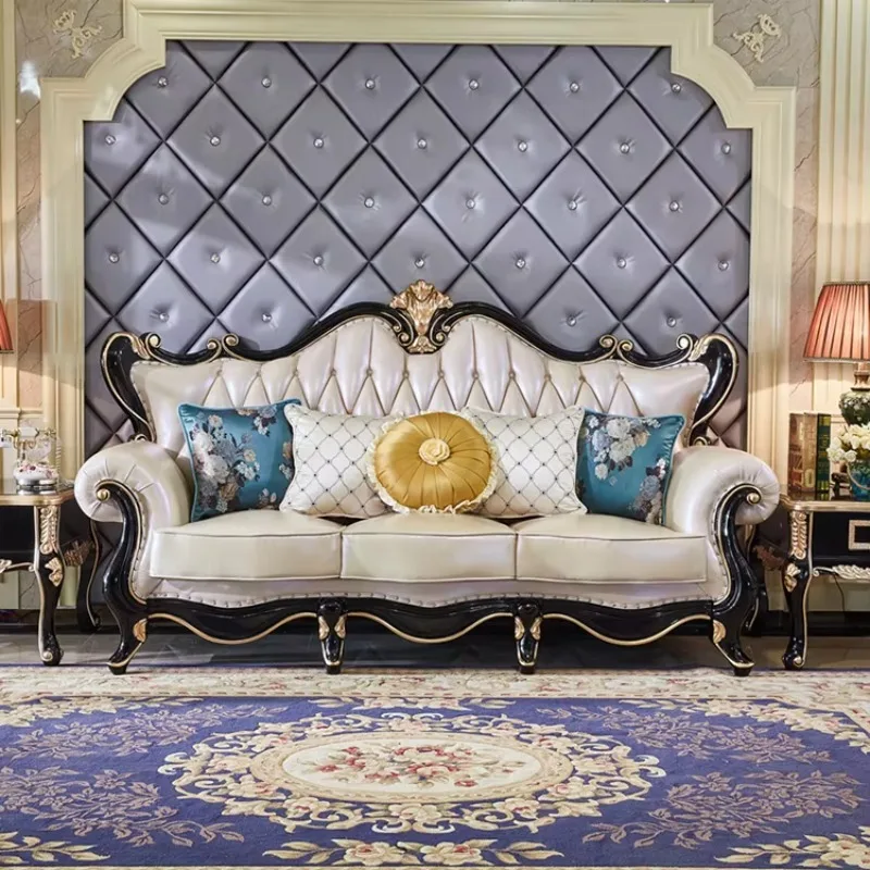 European Luxury Sofa Set Genuine Leather Sofa Bed for Living Room Hotel Apartment Villa Exquisite Carving Solid Wood High End