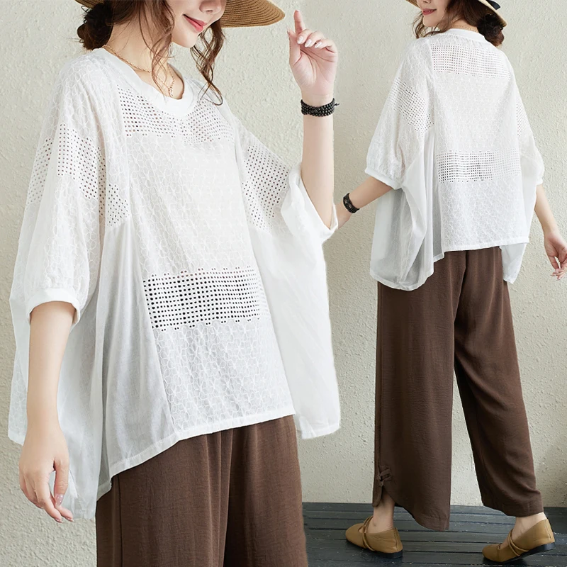 

Artistic Sle Color Lace Hollow out f Sve T-irt plus Size Women's Faion round Ne Asymmetrical Top Summer