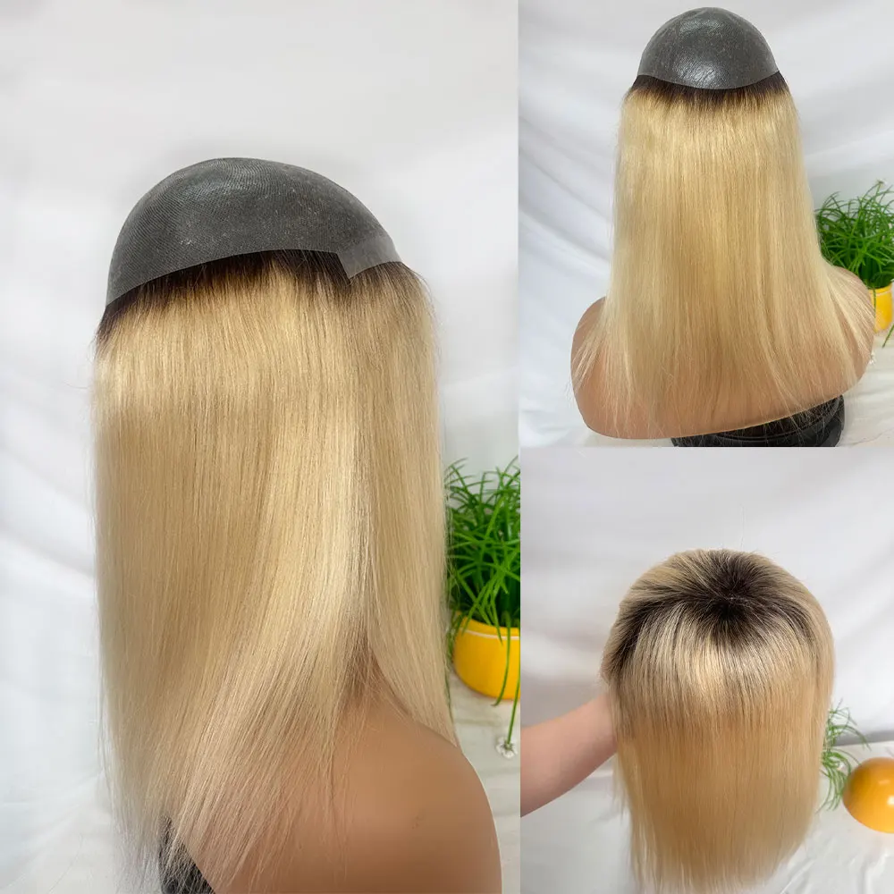 0.06mm Hair Piece Thin Skin Men's Human Hair Toupee Invisible PU Women Wigs Natural Hairline Ombre 4T613# 13 Inch for Bald Men