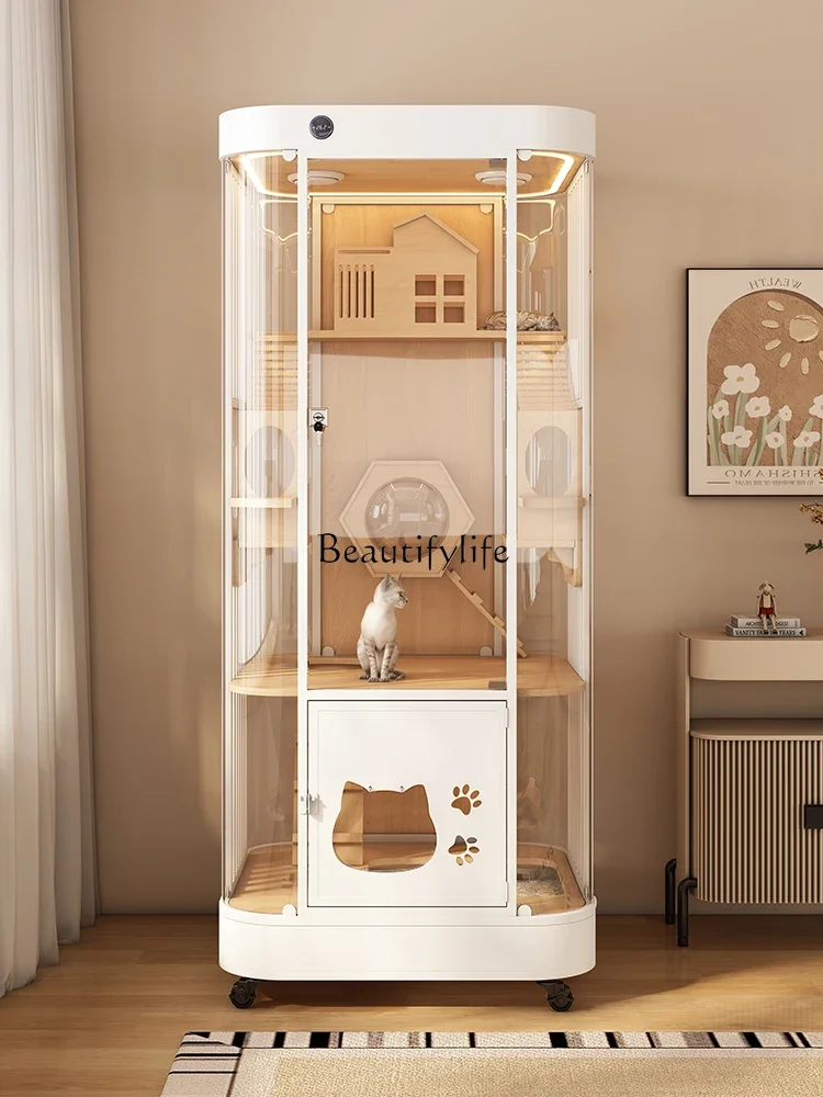 360 ° Smart Curved Panoramic Cat Villa Glass Transparent Luxury Solid Wood Showcase Cat Cage