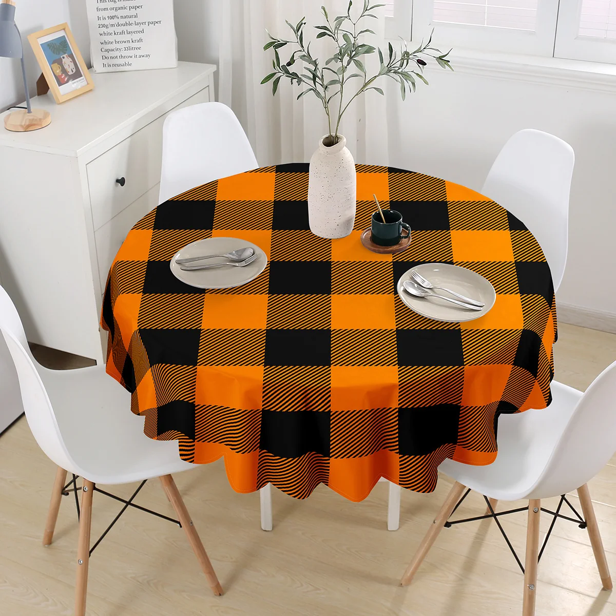 JIT 1Pc Circular or Rectangular Orange Checkered Pattern Decorative Tablecloth for Halloween Decorationzyc