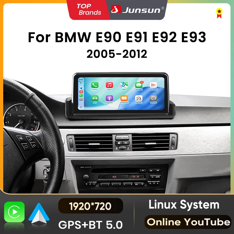 Bezprzewodowy odtwarzacz multimedialny Junsun Carplay Android Auto do BMW serii 3 E90 E91 E92 E93 2005-2012 z ekranem dotykowym, Bluetooth i nawigacją GPS.