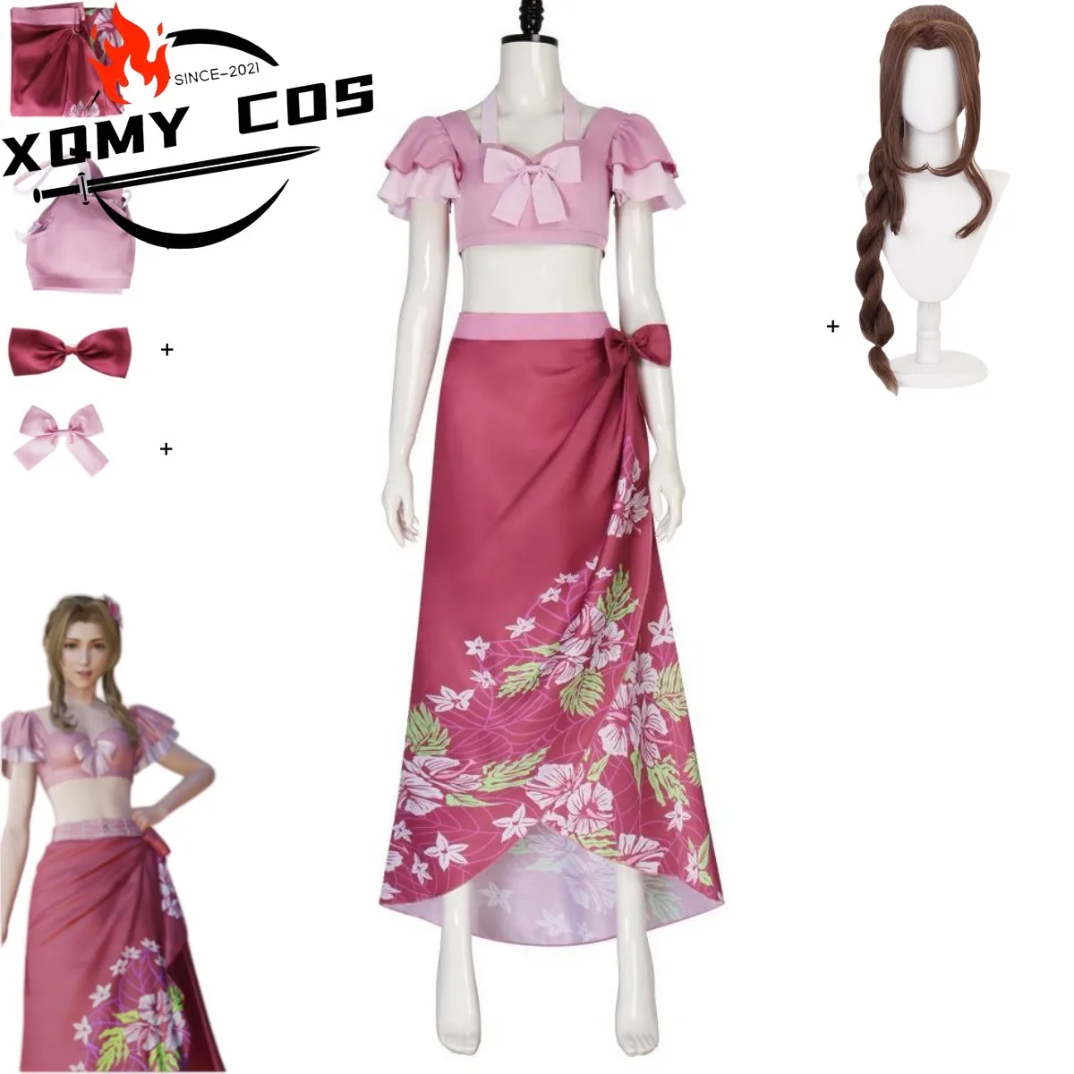 

XQGame Final Fantasy VII Aerith Gainsborough Косплей Костюм Летний день Розовая юбка Топы-трубы Парик Женщина Сексуальный Карнавал Хэллоуин S