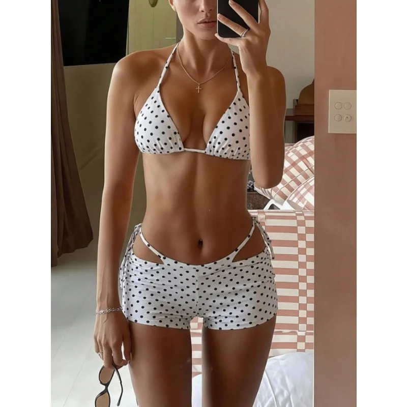 Vintage Polka Dot Women Bikini Three-piece Summer Beach Neck Sling Sexy Triangle Cup Hollow Lace-up Boxer Shorts Split Swimsuit