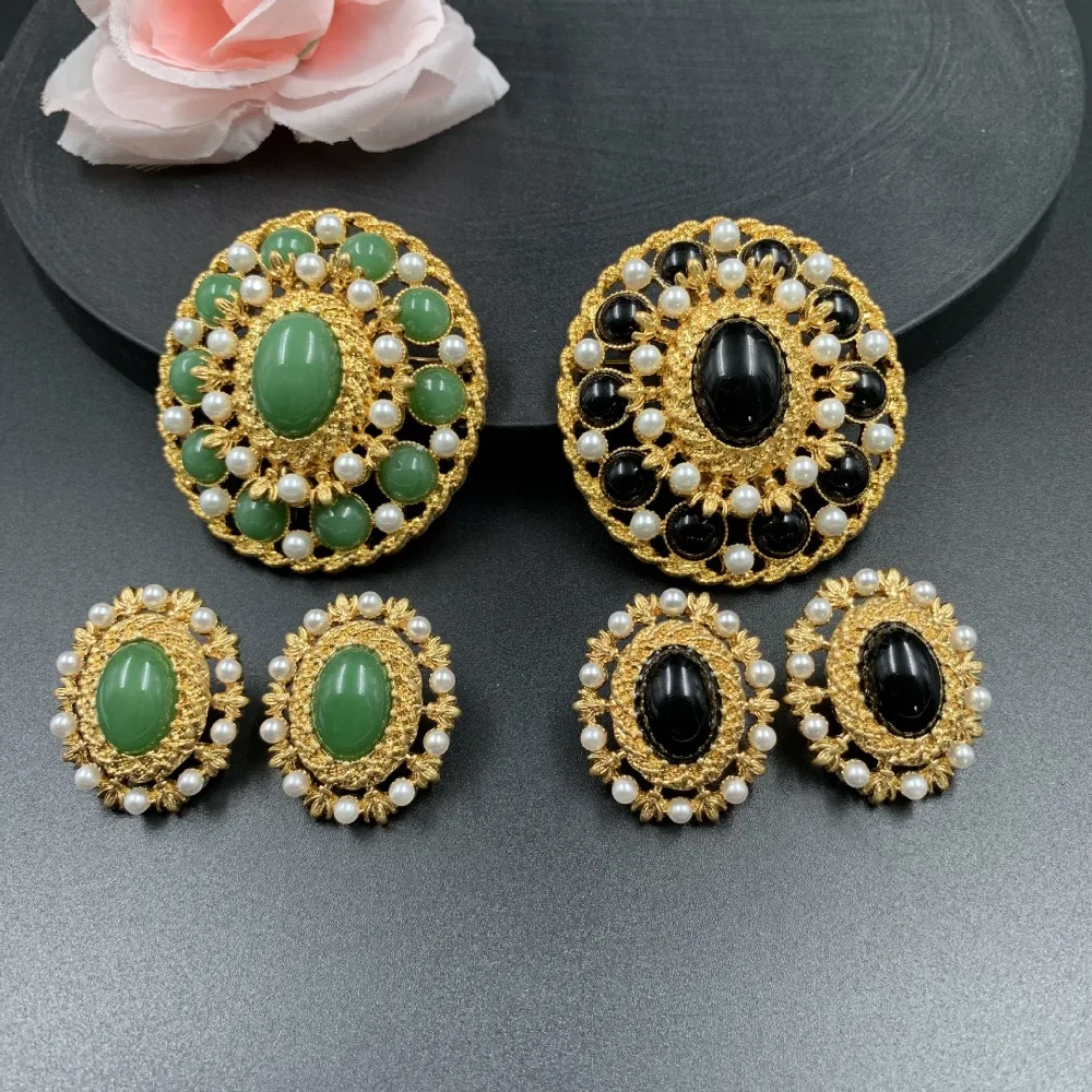 

New in Medieval Vintage Western Retro Distressed Crafts Hollow Double-layer Pearl Paved Brooch Earrings Sets Statement Jewelry