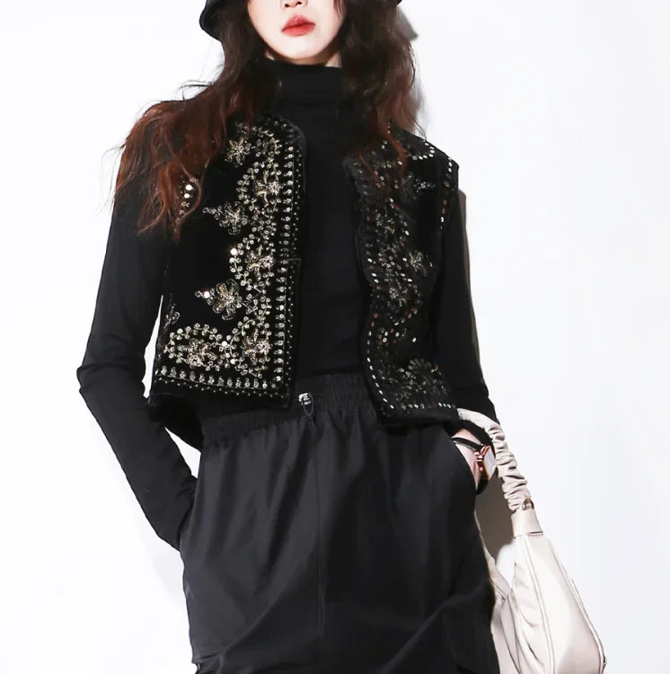 TEELYNN Vintage Sequins Floral Embroidery Vests Coat Women Jacket Boho O-neck Sleeveless Short Velvet Vest Tops Casual Waistcoat