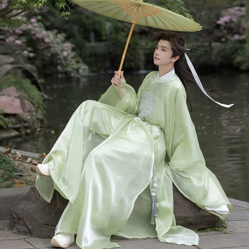 

Hanfu Embroidered round Neck Gown Green Men's and Women's Spring Summer Ancient Style Flowing Suit
