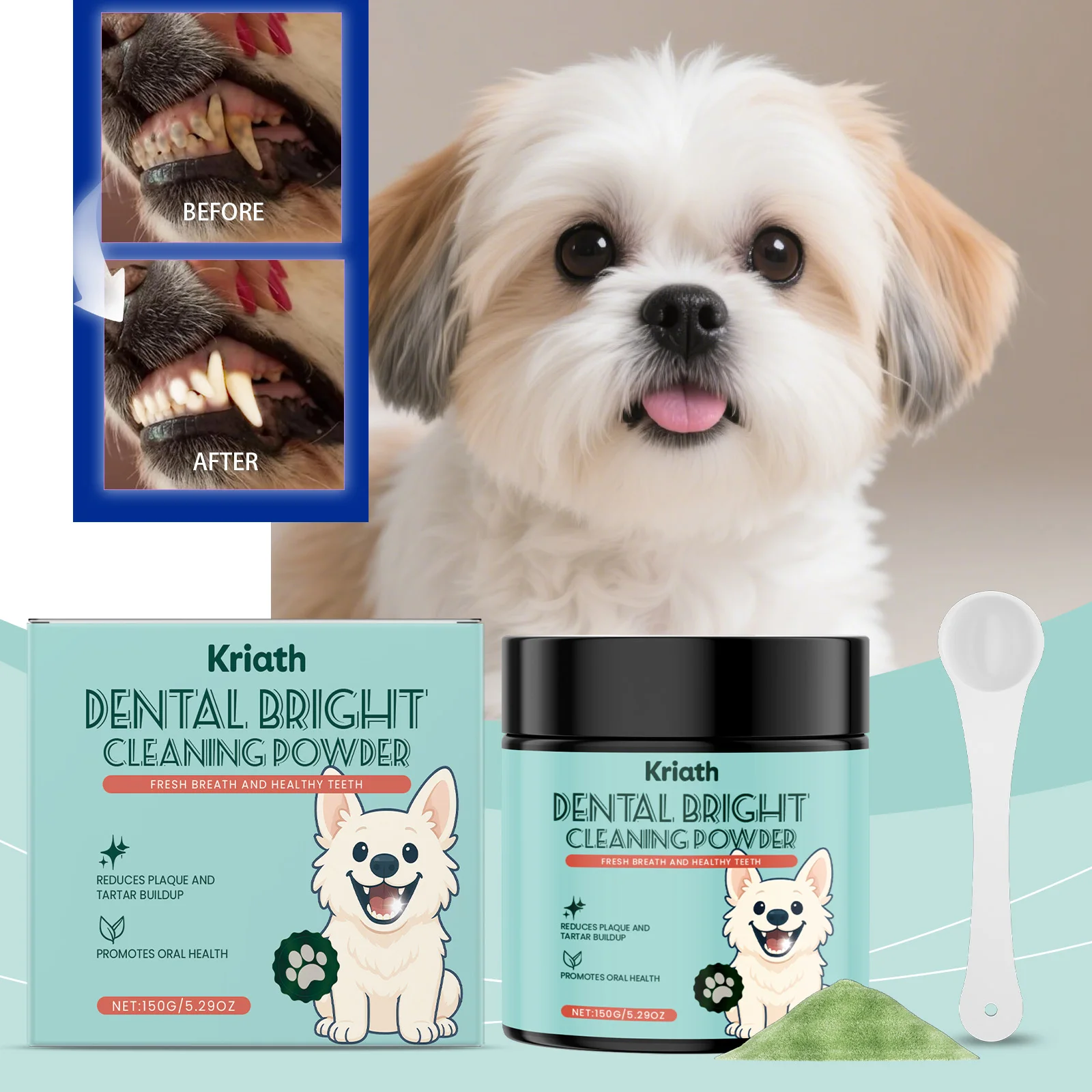 Pet Tooth Cleaning Powder No Brush Plaque Tartar Remove Natural Breath Fresh Teeth Stain Remove Daily Dogs Oral Care Powder 150g