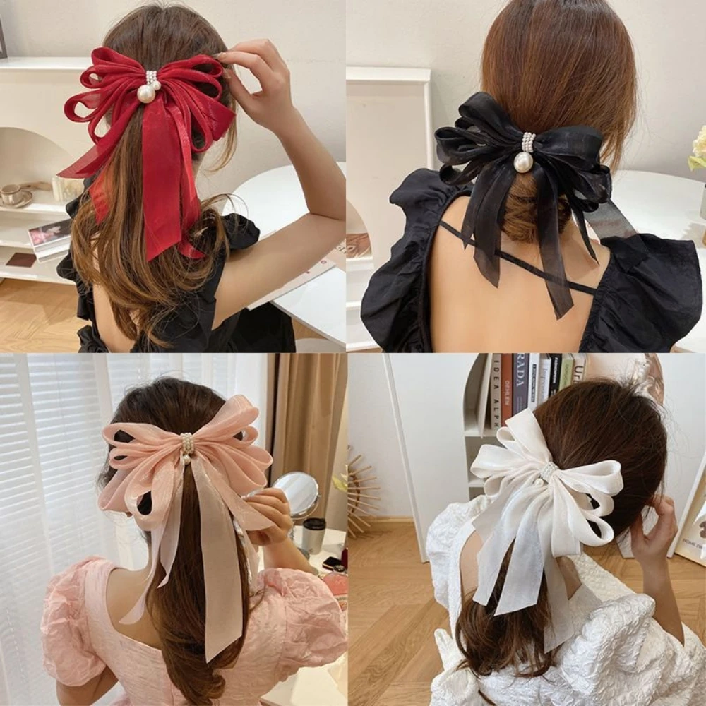 Elegant Bow Ribbon Hair Clip Fashion Simple Solid Satin Spring Clip Hair Pin Retro Headband Pearl Pendant with Clips Girls Hair