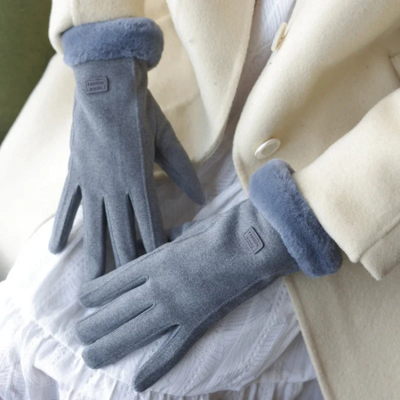 

Winter Women Keep Warm Touch Screen Plus Velvet Inside Thicken Elegant Fashion Cycling Drive Plush Wrist Mittens Gloves