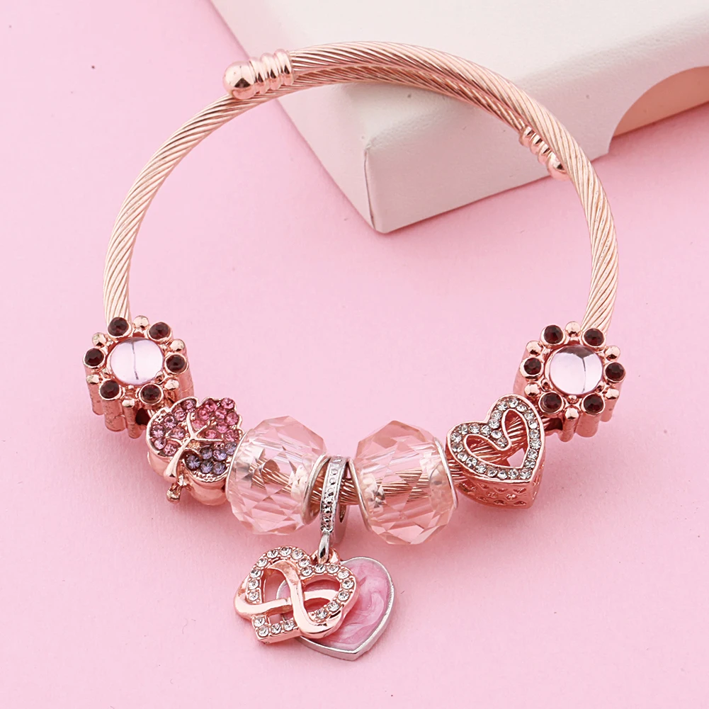 Romantic Pink Heart Stainless Steel Charm Bracelet Rose Gold Color Leaf Flower Bead BangleS Resizable Jewelry