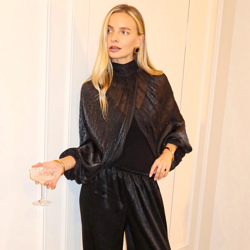 Linad Elegante Camicetta con maniche a lanterna nera trasparente Donna 2026 Camicie asimmetriche nere sexy Donna Autunno Street Chic Top larghi