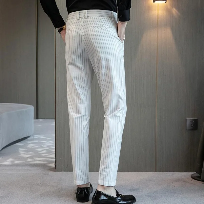 Korean Fashion Summer New Men\'s Ice Silk Striped Pockets Zipper Suit Pants Smart Casual Trend Slim Straight Ankle Length Pants