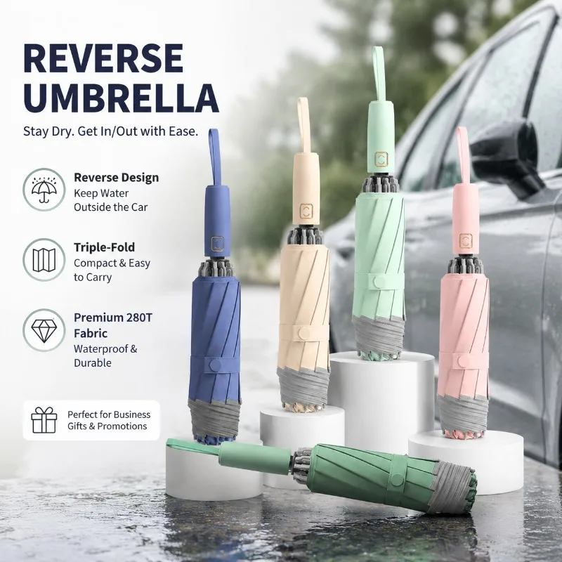 Auto Reverse Triple Folding Business Umbrella Made of 280T Fabric Fully Automatic Open Close Windproof Rain Sun Dual Use Compact